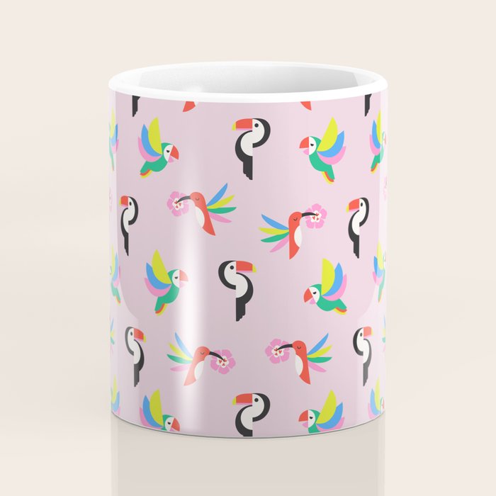 Happy Tropical Jungle Birds Toucan Hummingbird Parrot Pink Coffee Mug Gallery Image 4