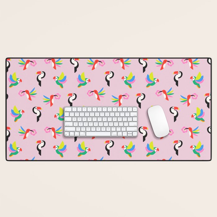 Happy Tropical Jungle Birds Toucan Hummingbird Parrot Pink Desk Mat Gallery Image 1