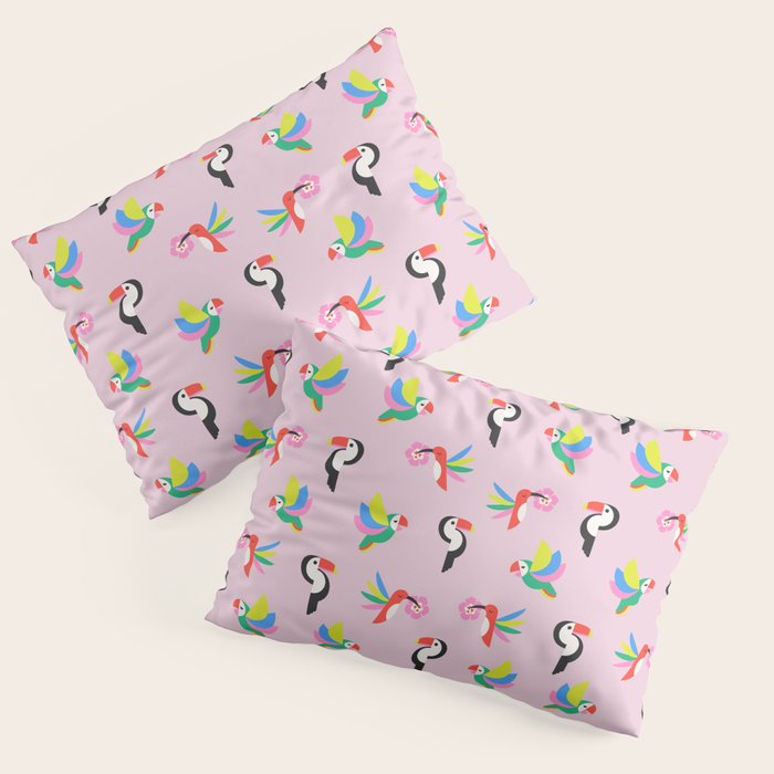 Happy Tropical Jungle Birds Toucan Hummingbird Parrot Pink Pillow Sham Gallery Image 3