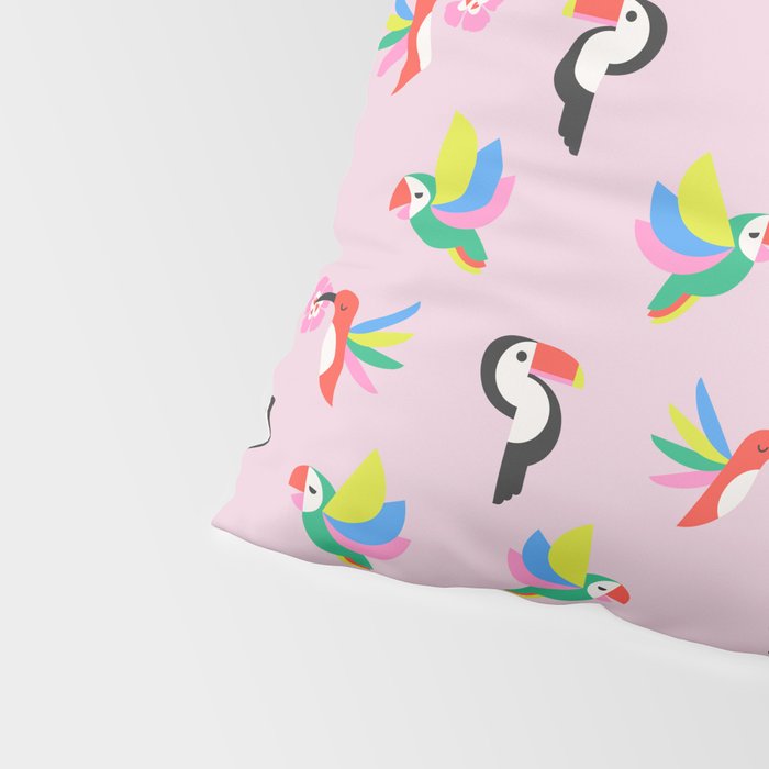 Happy Tropical Jungle Birds Toucan Hummingbird Parrot Pink Pillow Sham Gallery Image 4