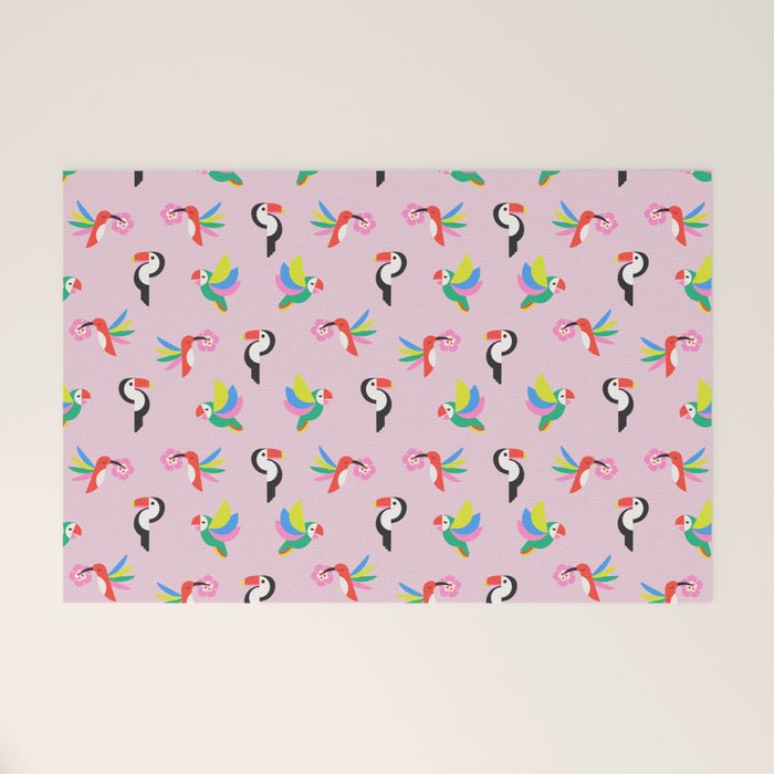 Happy Tropical Jungle Birds Toucan Hummingbird Parrot Pink Welcome Mat Gallery Image 1