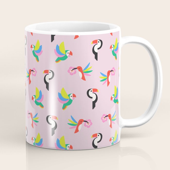 Happy Tropical Jungle Birds Toucan Hummingbird Parrot Pink Coffee Mug Gallery Image 1