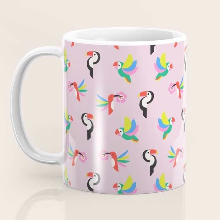Happy Tropical Jungle Birds Toucan Hummingbird Parrot Pink Coffee Mug Gallery Image 3