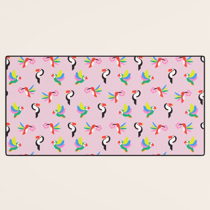 Happy Tropical Jungle Birds Toucan Hummingbird Parrot Pink Desk Mat Gallery Image 3