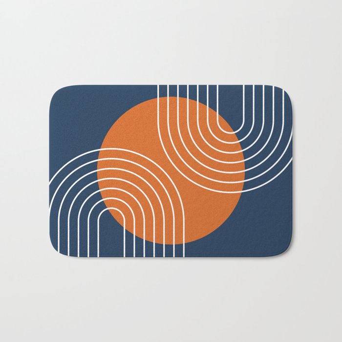 Mid Century Modern Geometric 161 Sun Rainbow abstract in Navy Blue Orange Bath Mat Gallery Image 1
