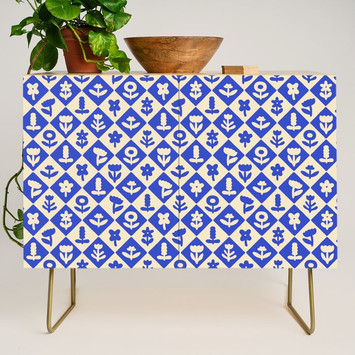 Vintage geometric blue flower art pattern Credenza Gallery Image 1