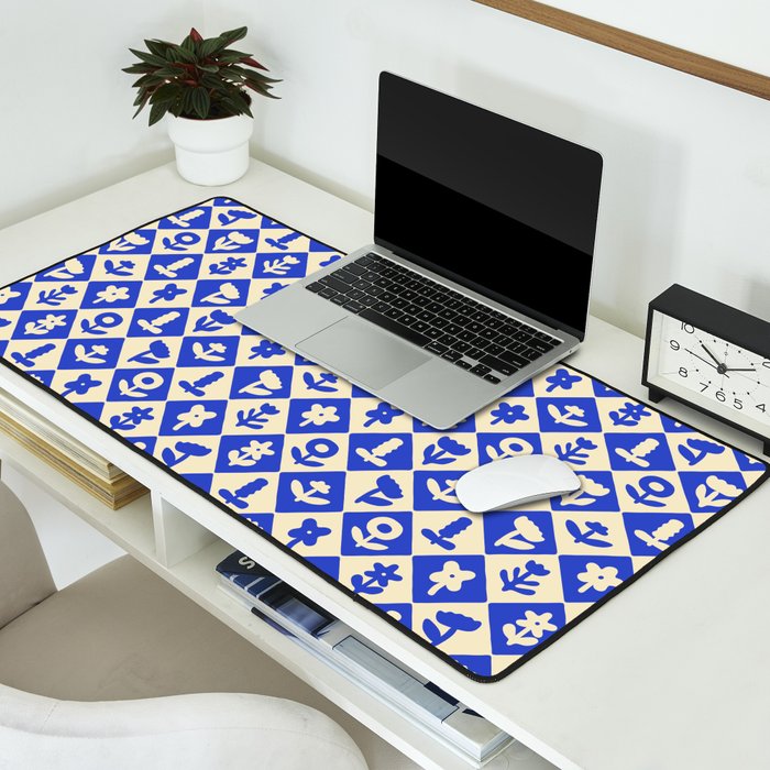 Vintage geometric blue flower art pattern Desk Mat Gallery Image 2