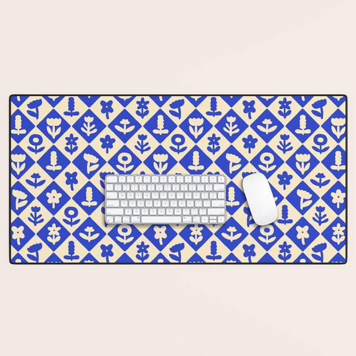 Vintage geometric blue flower art pattern Desk Mat Gallery Image 1