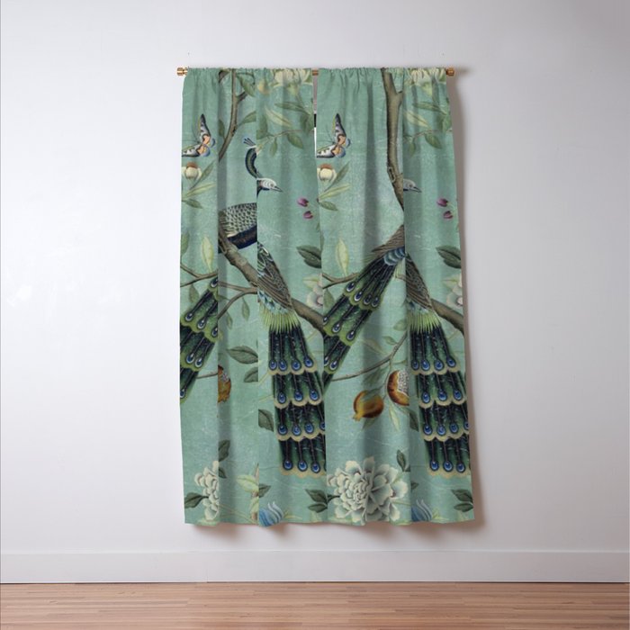 A Teal of Two Birds Chinoiserie Window Curtain Gallery Image 3
