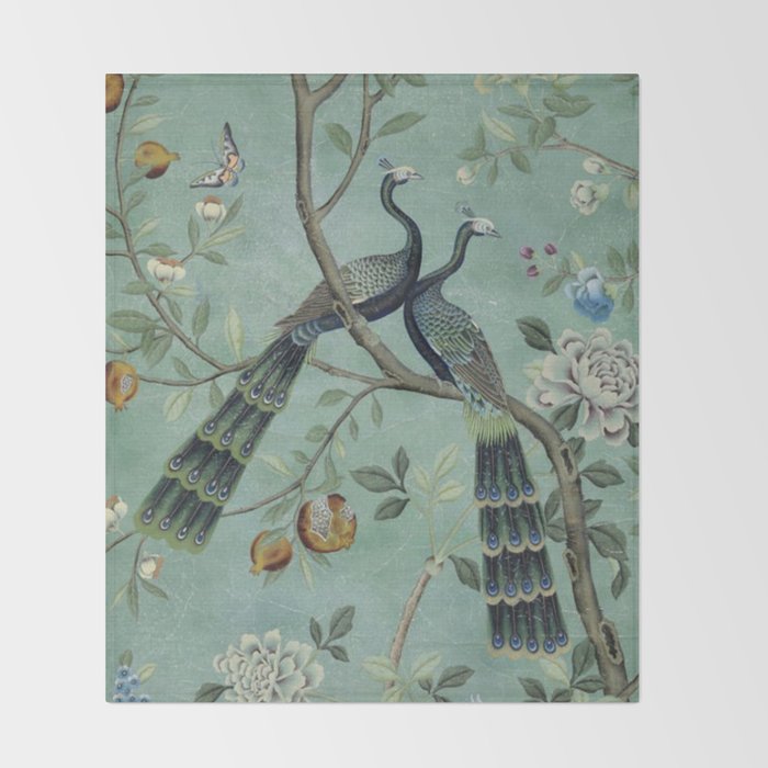A Teal of Two Birds Chinoiserie Throw Blanket Gallery Image 2