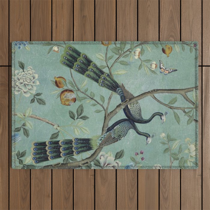 A Teal of Two Birds Chinoiserie Outdoor Rug