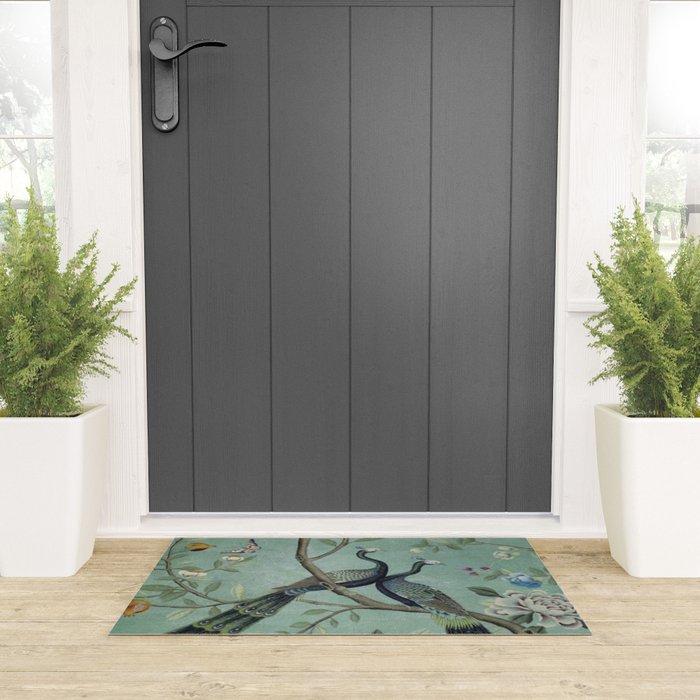 A Teal of Two Birds Chinoiserie Welcome Mat Gallery Image 3