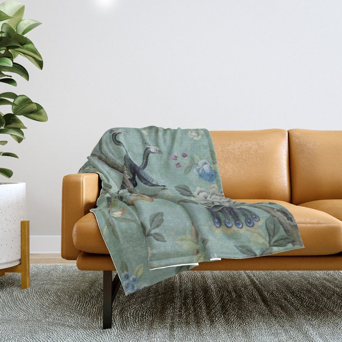 A Teal of Two Birds Chinoiserie Throw Blanket Gallery Image 1