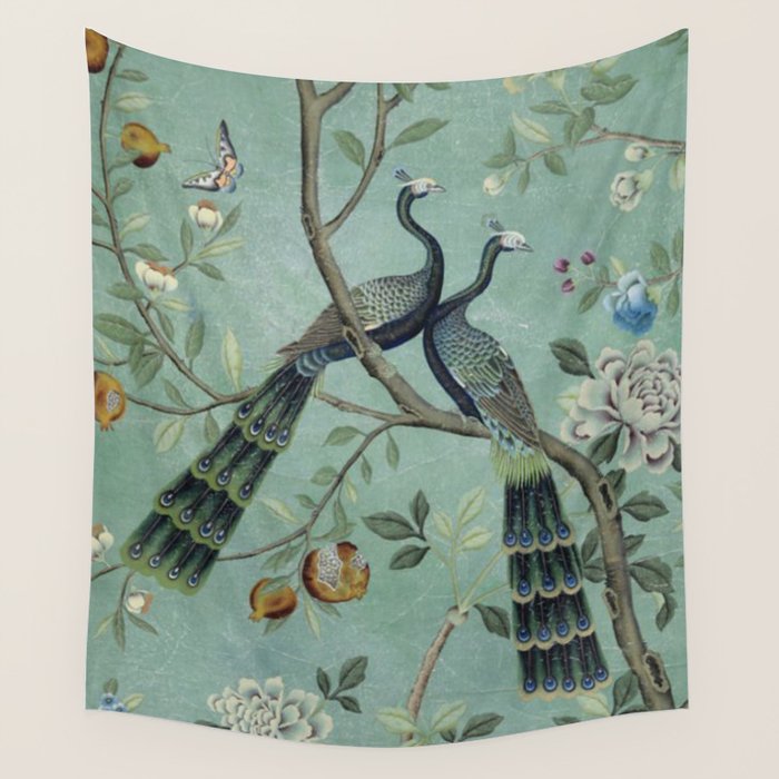 A Teal of Two Birds Chinoiserie Wall Tapestry Gallery Image 4