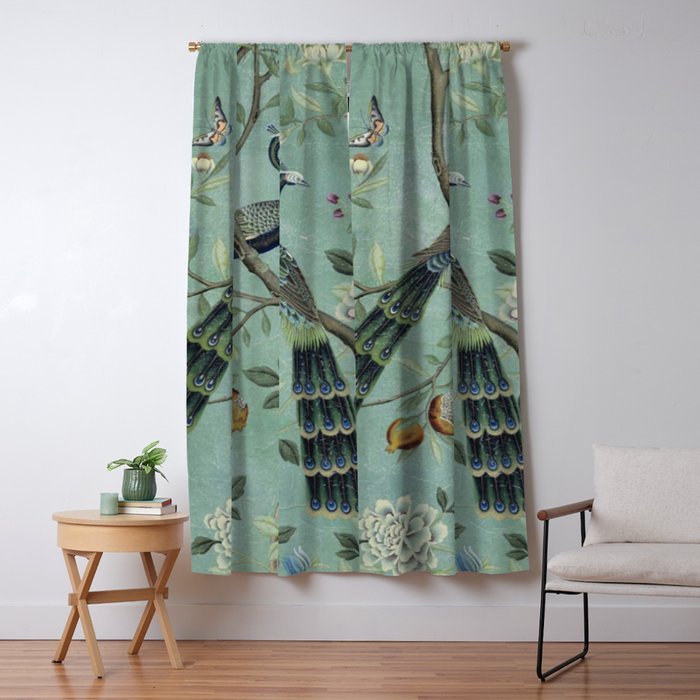 A Teal of Two Birds Chinoiserie Window Curtain Gallery Image 5