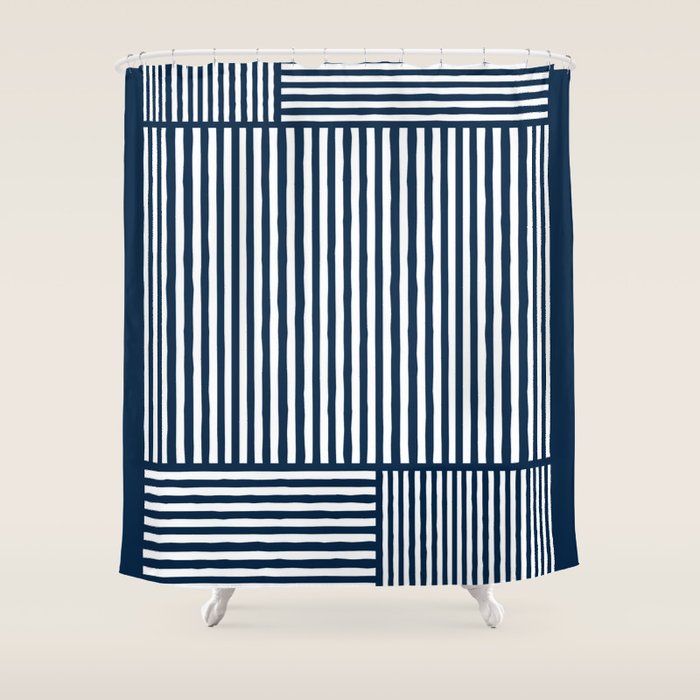 Navy White Lines Minimal Abstract Design Shower Curtain Gallery Image 1