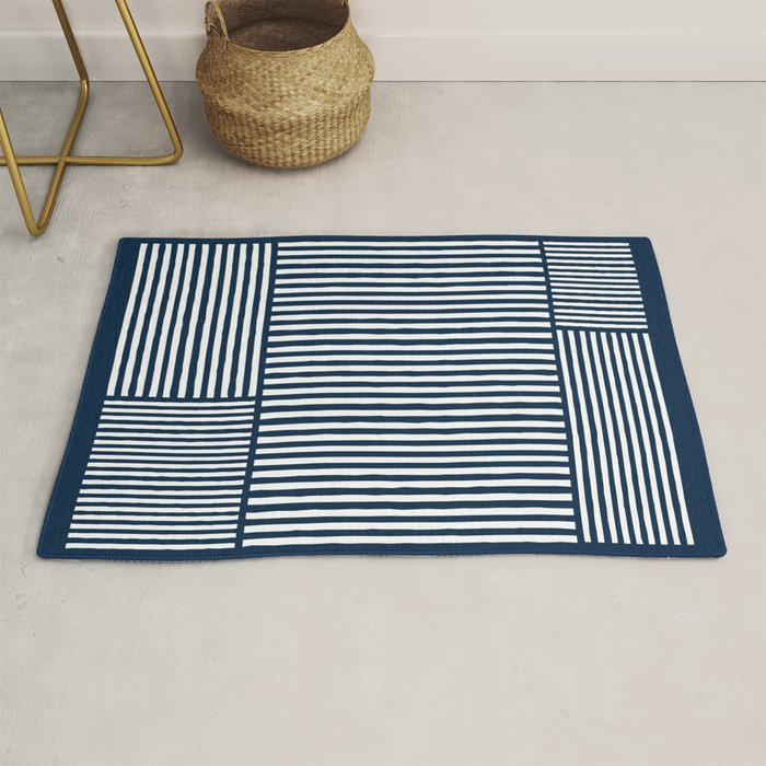 Navy White Lines Minimal Abstract Design Rug Gallery Image 1