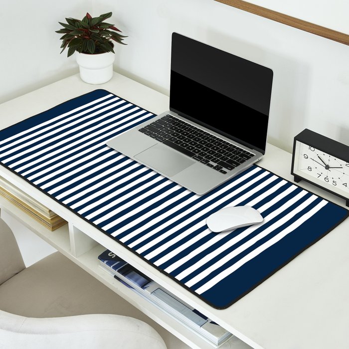 Navy White Lines Minimal Abstract Design Desk Mat Gallery Image 2