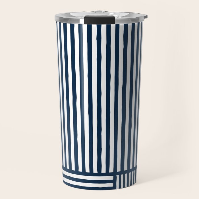 Navy White Lines Minimal Abstract Design Travel Mug Gallery Image 1