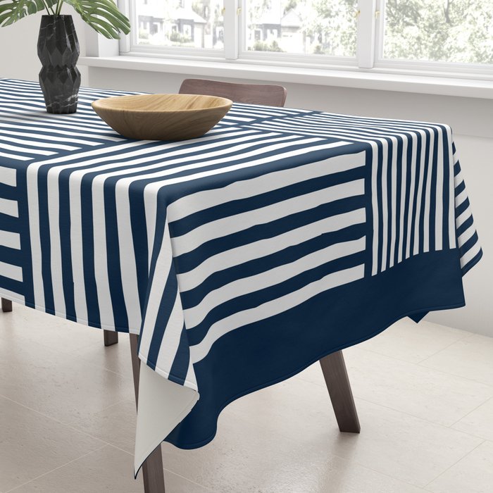 Navy White Lines Minimal Abstract Design Tablecloth Gallery Image 3