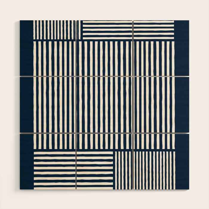 Navy White Lines Minimal Abstract Design Wood Wall Art Gallery Image 1