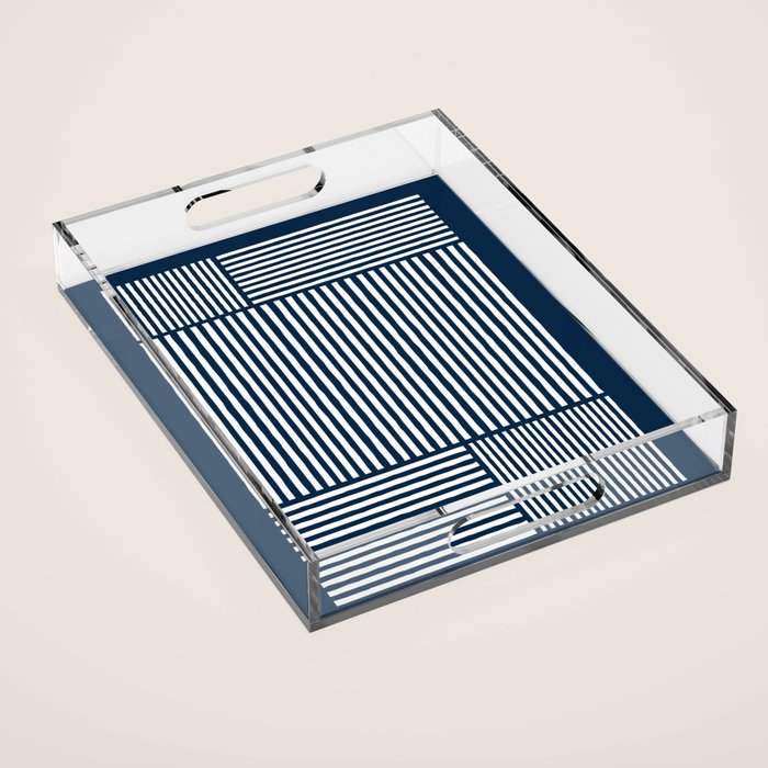 Navy White Lines Minimal Abstract Design Acrylic Tray Gallery Image 1