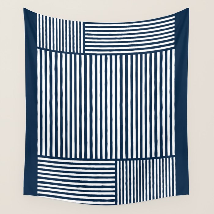 Navy White Lines Minimal Abstract Design Wall Tapestry Gallery Image 4
