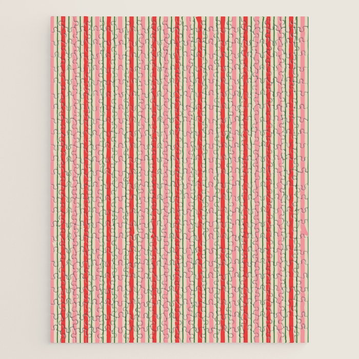 Old Fashioned Retro Christmas Stripe Pattern Vertical Pink Red Green Beige Jigsaw Puzzle Gallery Image 1