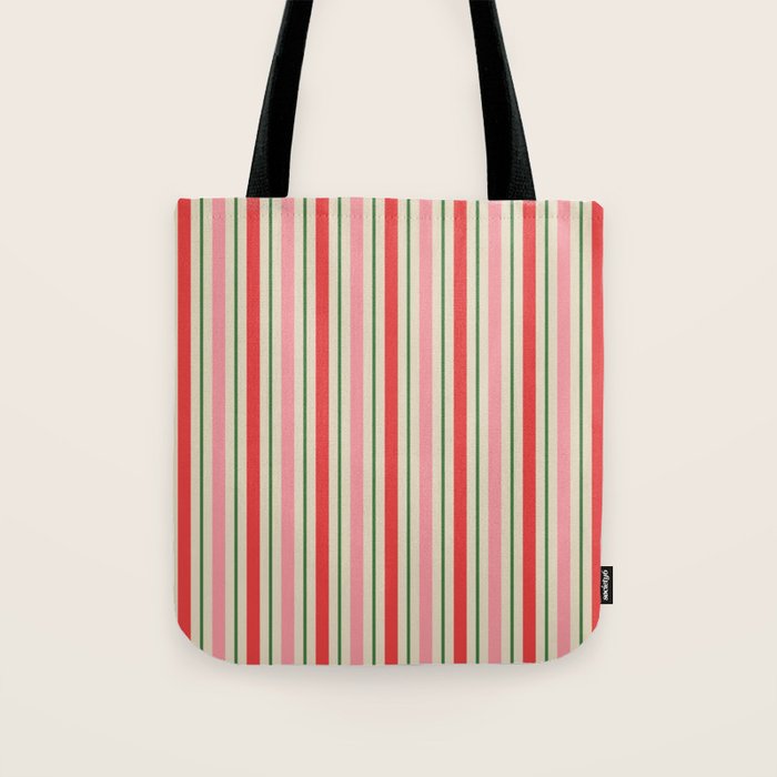 Old Fashioned Retro Christmas Stripe Pattern Vertical Pink Red Green Beige Tote Bag Gallery Image 1