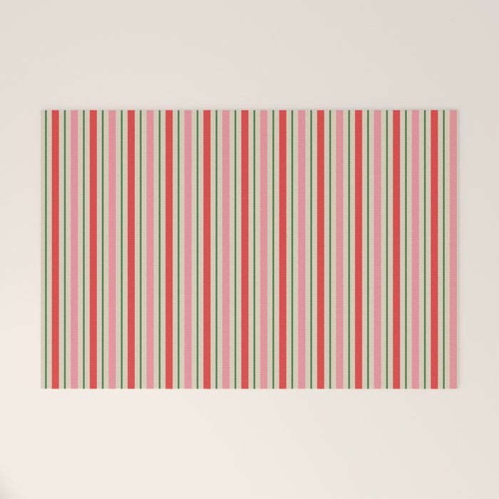 Old Fashioned Retro Christmas Stripe Pattern Vertical Pink Red Green Beige Welcome Mat Gallery Image 1