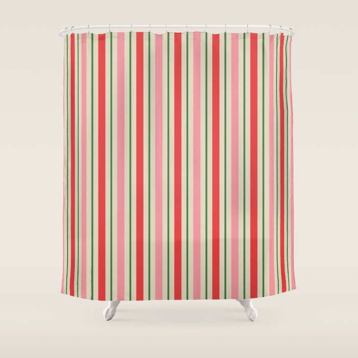 Old Fashioned Retro Christmas Stripe Pattern Vertical Pink Red Green Beige Shower Curtain Gallery Image 1