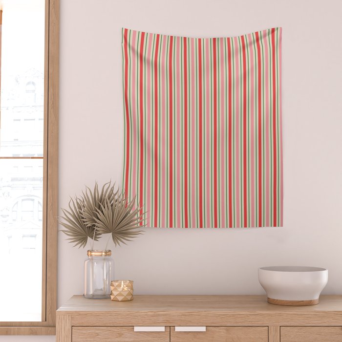 Old Fashioned Retro Christmas Stripe Pattern Vertical Pink Red Green Beige Wall Tapestry Gallery Image 2
