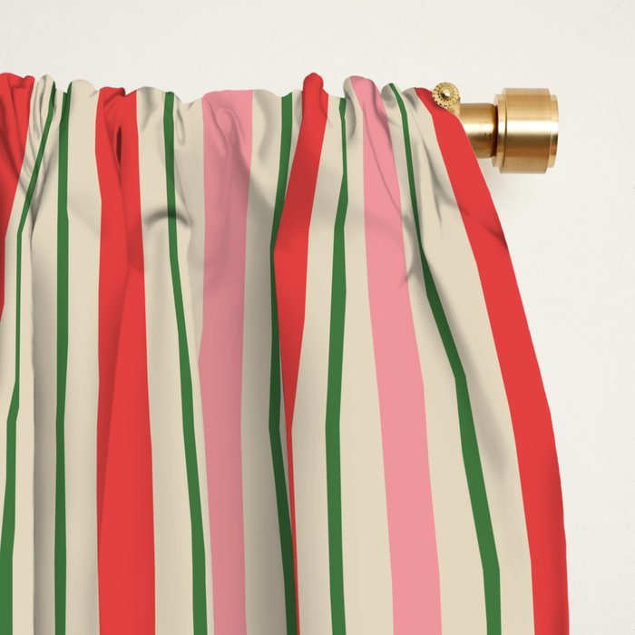 Old Fashioned Retro Christmas Stripe Pattern Vertical Pink Red Green Beige Window Curtain Gallery Image 2