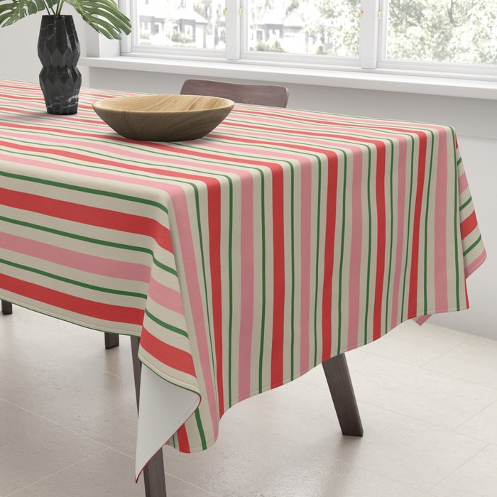 Old Fashioned Retro Christmas Stripe Pattern Vertical Pink Red Green Beige Tablecloth Gallery Image 3