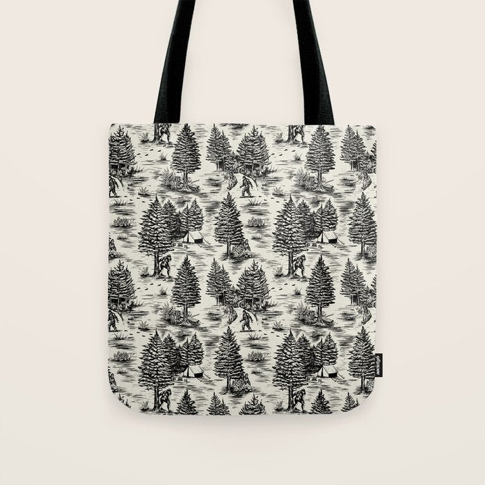 Bigfoot / Sasquatch Toile de Jouy in Black Tote Bag Gallery Image 1