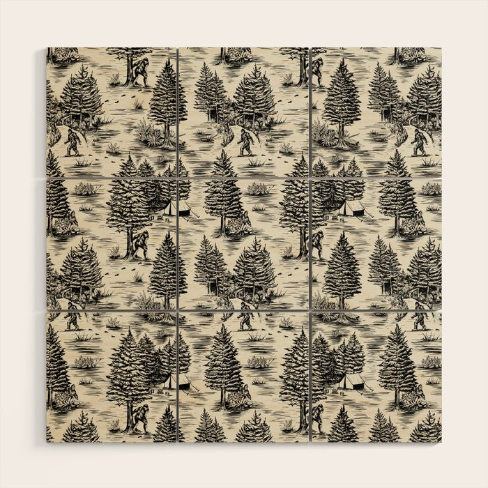 Bigfoot / Sasquatch Toile de Jouy in Black Wood Wall Art Gallery Image 1