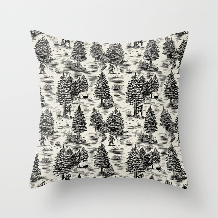 Bigfoot / Sasquatch Toile de Jouy in Black Throw Pillow Gallery Image 6