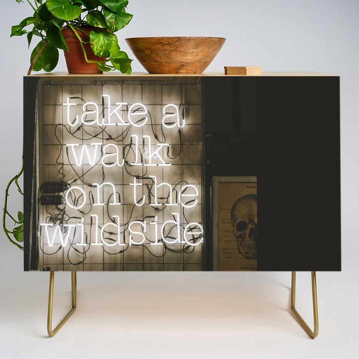 Hey Baby Take a Walk on the Wild Side -  70s Lou Reed quote street art neon retro typography Credenza Gallery Image 1