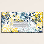 Floral and Butterflies Print, Blue and Yellow Desk Mat Gallery Image 1