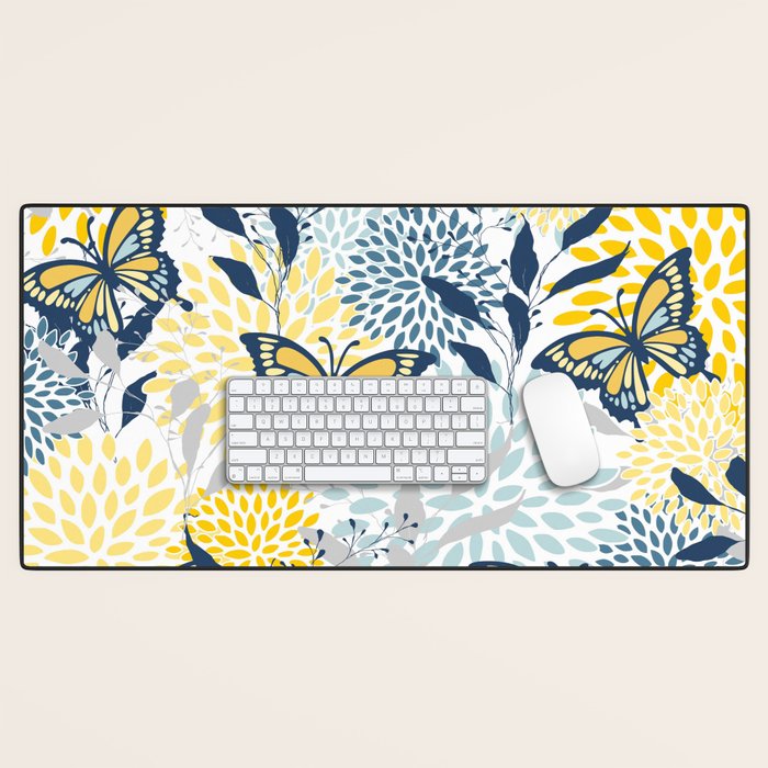 Floral and Butterflies Print, Blue and Yellow Desk Mat Gallery Image 1