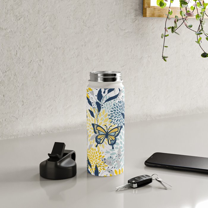 Floral and Butterflies Print, Blue and Yellow Water Bottle Gallery Image 4