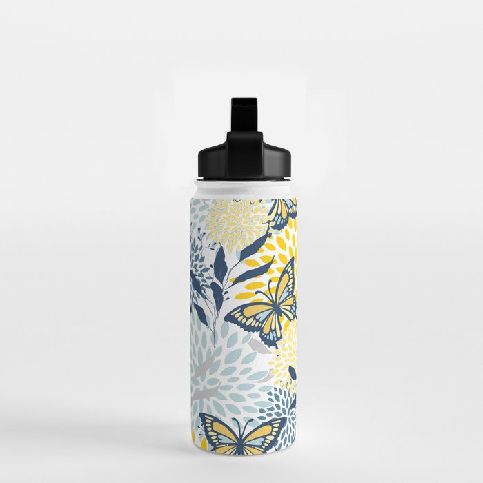 Floral and Butterflies Print, Blue and Yellow Water Bottle Gallery Image 2