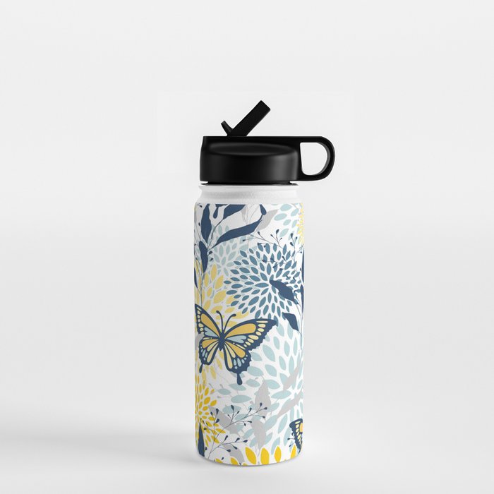 Floral and Butterflies Print, Blue and Yellow Water Bottle Gallery Image 1