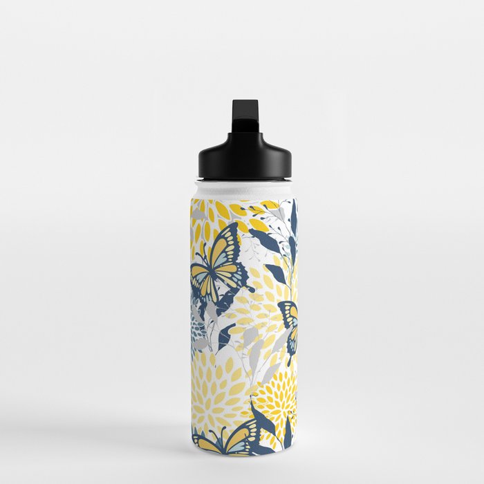 Floral and Butterflies Print, Blue and Yellow Water Bottle Gallery Image 3