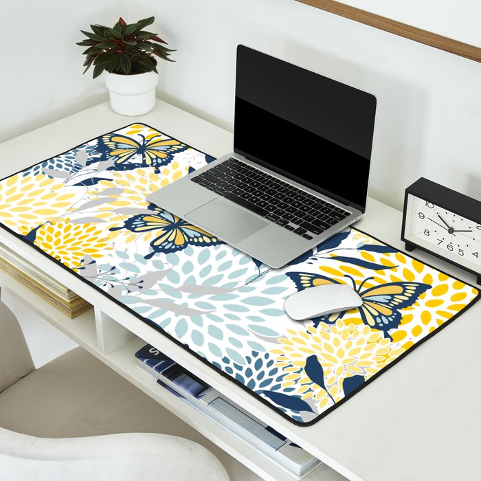 Floral and Butterflies Print, Blue and Yellow Desk Mat Gallery Image 2