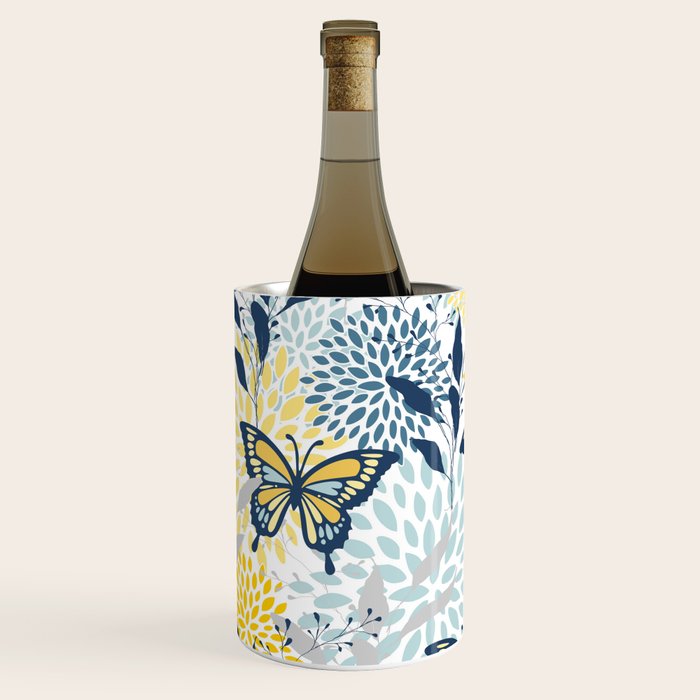 Floral and Butterflies Print, Blue and Yellow Wine Chiller Gallery Image 1