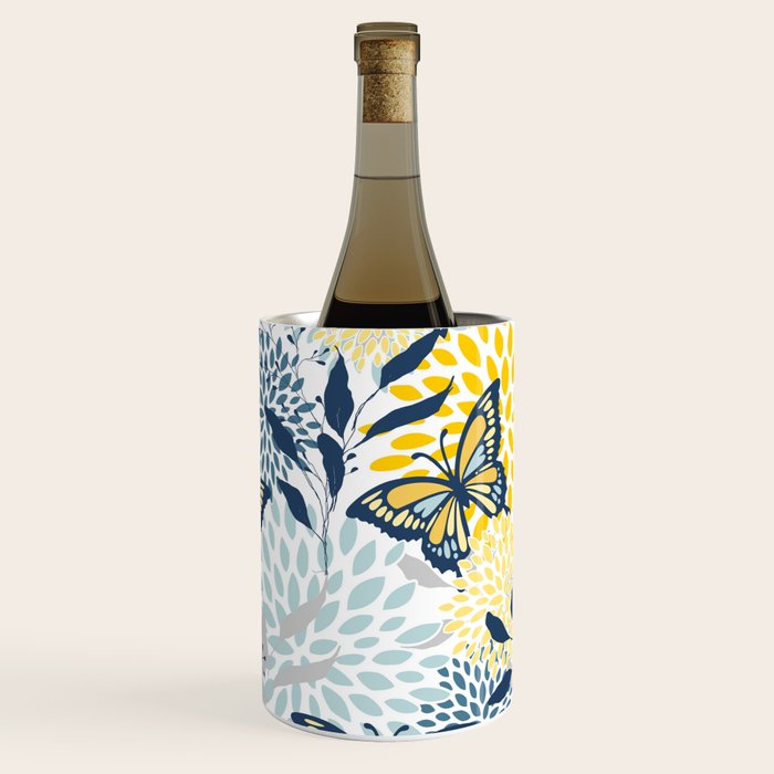 Floral and Butterflies Print, Blue and Yellow Wine Chiller Gallery Image 3