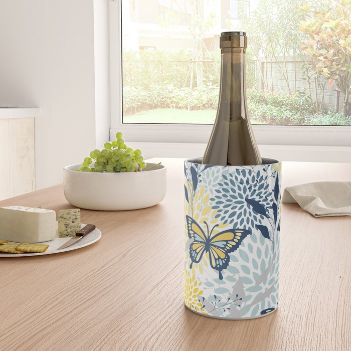 Floral and Butterflies Print, Blue and Yellow Wine Chiller Gallery Image 4