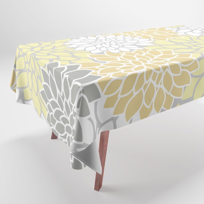 Dahlia Floral Blooms, Soft Yellow, Gray, White Tablecloth Gallery Image 1