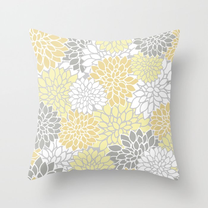 Dahlia Floral Blooms, Soft Yellow, Gray, White Throw Pillow Gallery Image 6
